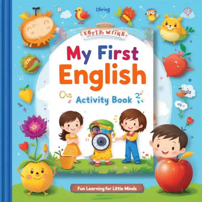 "Design a fun, colorful, and inviting cover for a preschool English activity book titled 'My First English Activity Book: Fun Learning for Little Minds.
